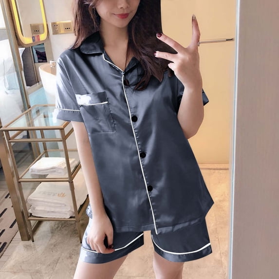 Aobny Women's Pajamas Set Satin Plus Size Button Down Pj Sets Collared with Shorts Short Sleeve Solid Womens Pajamas,Blue,XXXL