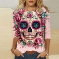 thumbnail image 1 of Aobny Women's Streetwear T-Shirt Party Skull Clothes Floral 3/4 Sleeve Crew Neck T-shirts for Adult, 1 of 6