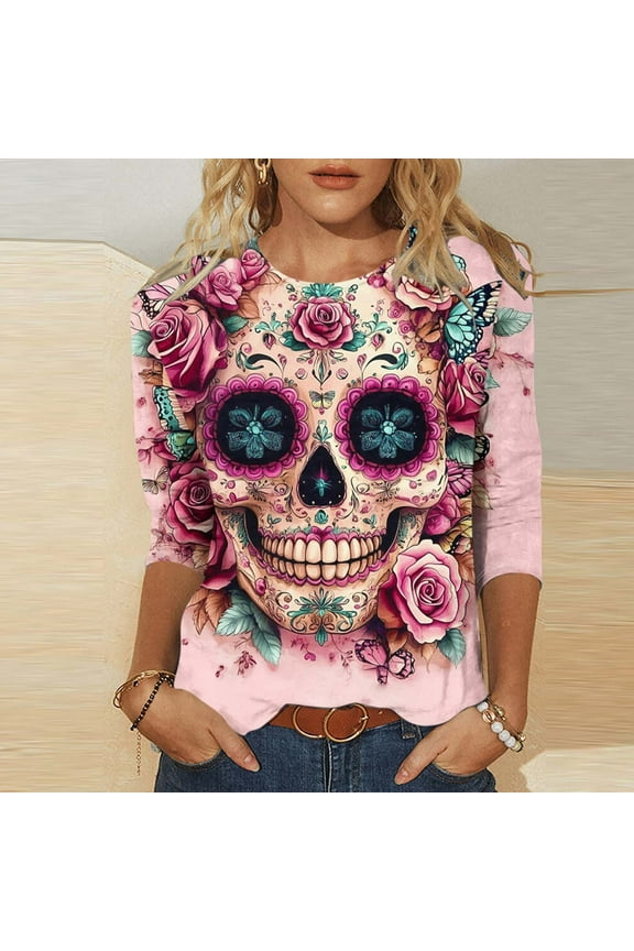 Women's Streetwear T-Shirt Party Skull Clothes Floral 3/4 Sleeve Crew Neck T-shirts for Adult