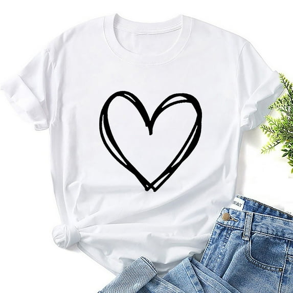 Aobny Women's Streetwear T-Shirt Valentine's Party White Tops Heart Crew Neck Short Sleeve Ladies Tees