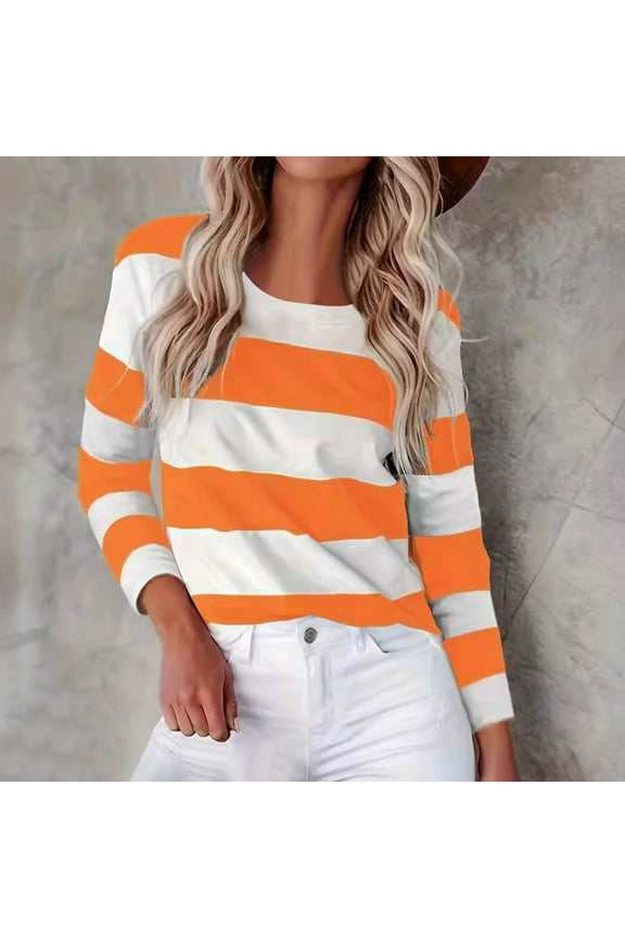 Women's Summer Blouses Color Block Orange Striped Tops Pullover Crew Neck Long Sleeve Bohemian Tops for Women,L