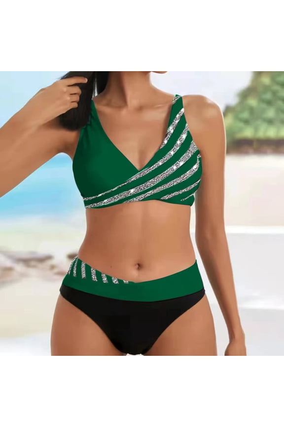 Women's Swimsuits Color Block Sequin Swim Suit Hipster Crew Neck Bikinis Green Womens Bikini Swimsuits,L