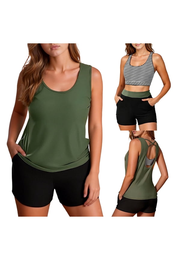 Women's Swimwear 3 Piece Full Coverage Bathing Suits Boy Shorts Crew Neck Bikinis Green Women Bathing Suits,L