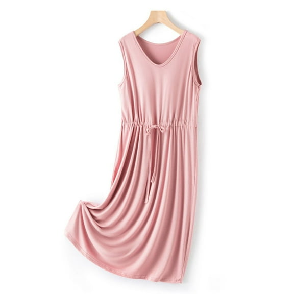 Aobny Women's V Neck With Chest Cushion Solid Color Drawstring Loose And Comfortable Sleeveless Mid Length Nightgown Skirt,Pink,XL