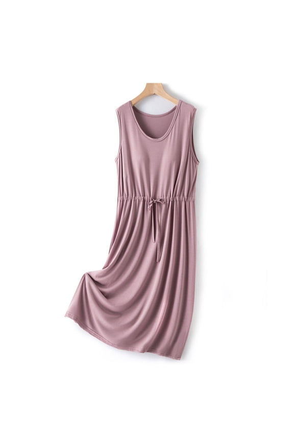 Women's V Neck With Chest Cushion Solid Color Drawstring Loose And Comfortable Sleeveless Mid Length Nightgown Skirt,Purple,L