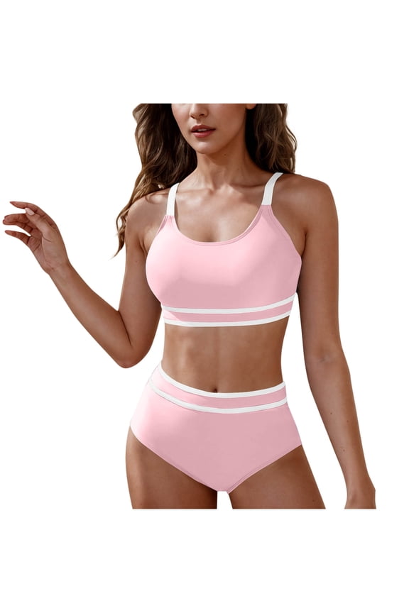 Womens Bathing Suit Sexy Striped Bathing Suit High Waist Bikinis Crew Neck Pink Swim Suit,L