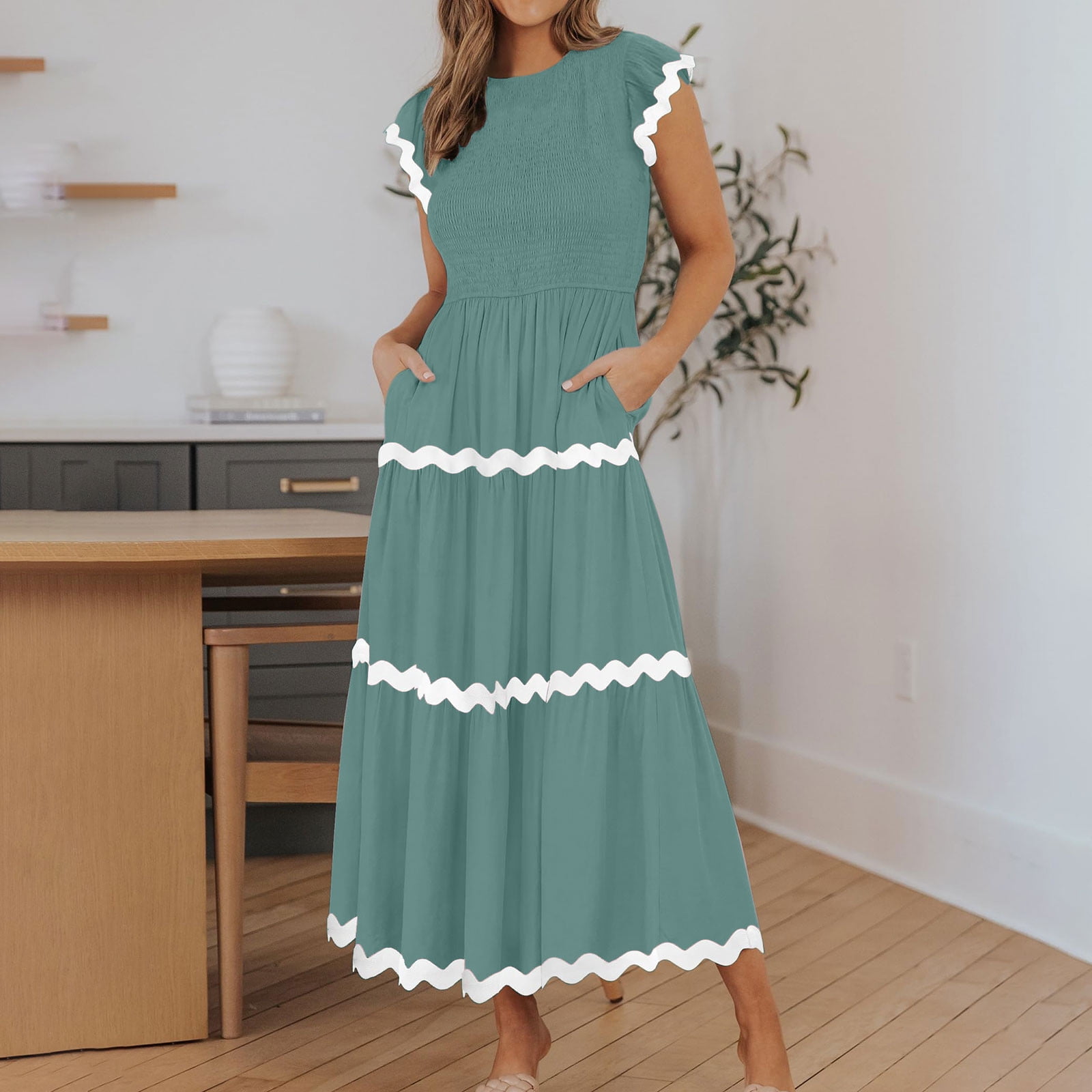 Wenrine Womens Green Smocked High Slit Flowy Midi Dress main image 1