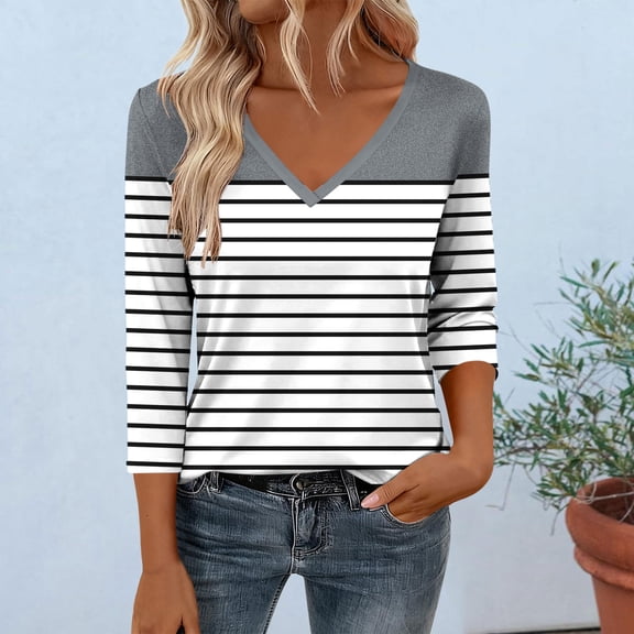 Aobny Womens Dressy Blouses Striped Loose Fit Shirt Pullover 3/4 Sleeve Gray V-Neck Workout Tops Women,L