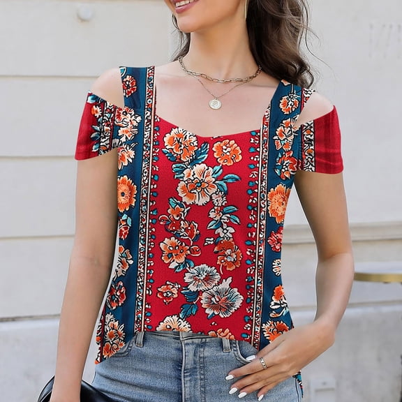 Aobny Womens Fashion Tops Off The Shoulder Red Floral T-Shirt Short Sleeve V-Neck Womens Tops Dressy Casual