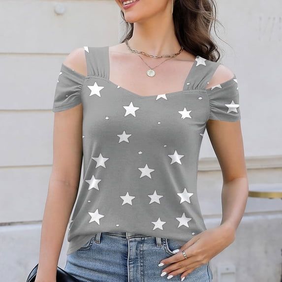 Aobny Womens Fashion Tops Off The Shoulder Stars Gray T-Shirt Short Sleeve V-Neck Going Out Tops for Women