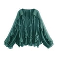 thumbnail image 1 of Aobny Womens Fitted Tshirt Ruffle Dressy Green Shirt Long Sleeve V-Neck T Shirts for Women,M, 1 of 4