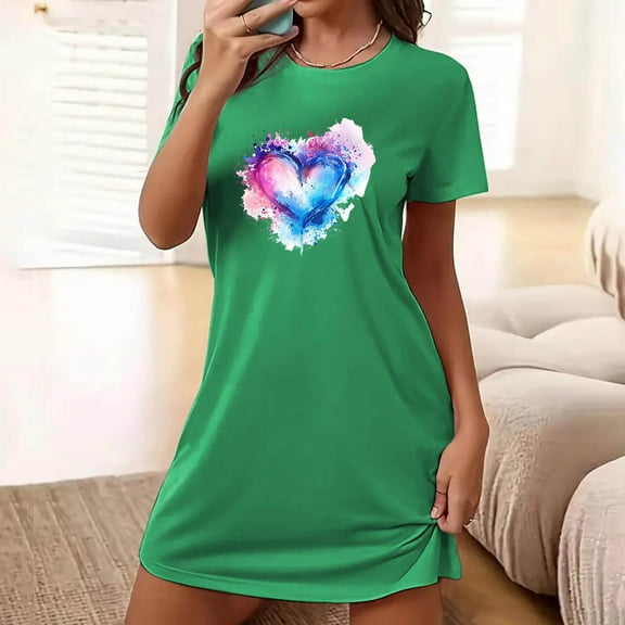 Aobny Womens Nightgown Heart Valentine's Short Nightshirt Crew Neck Short Sleeve Green Womens Christmas Pajama Sets,L