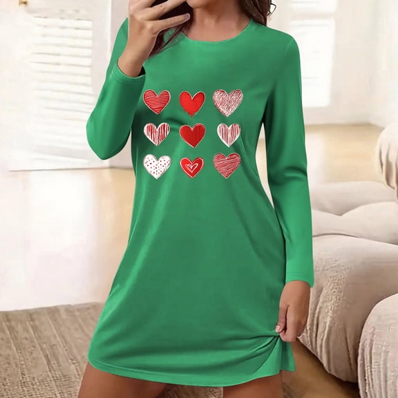 Aobny Womens Nightgowns Heart Valentine's Short Sleep Shirts Long Sleeve Green Christmas Pajamas for Couples,M