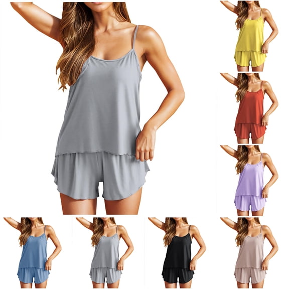 Aobny Womens Pajama Sets Silk Plus Lightweight Nightwear Sets Gray Halter Sleeveless Short Womens Pajama Sets,XXXL