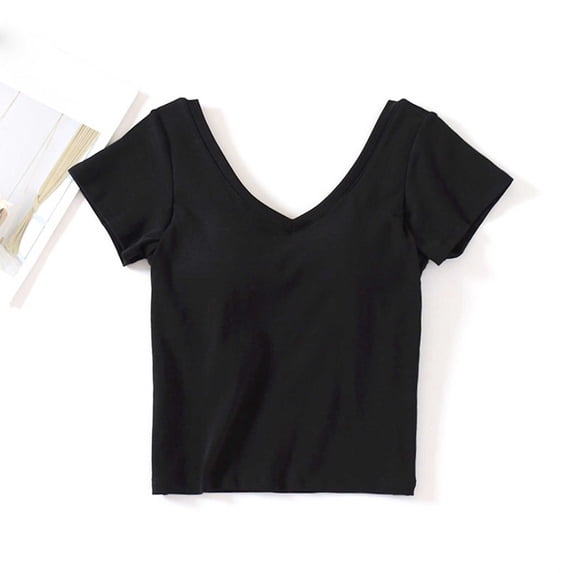 Aobny Womens Pajamas Cotton Tops Only Build-in-Bra Pajama Shirt Short Sleeve V-Neck Cute Womens Pajamas,Black,XL
