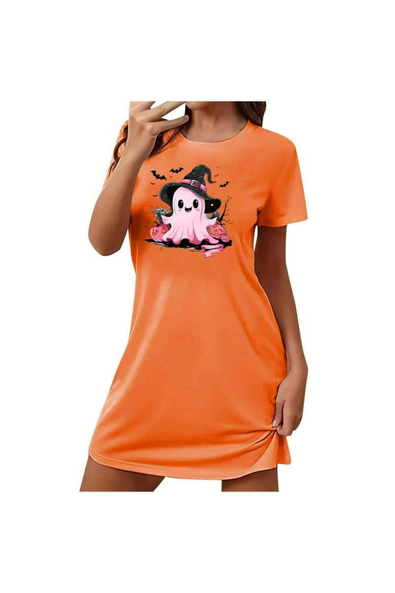 Womens Pajamas Shorts Set Cute Ghost Orange Nightwear Short Sleeve Short Crew Neck Cooling Pajamas for Women,L