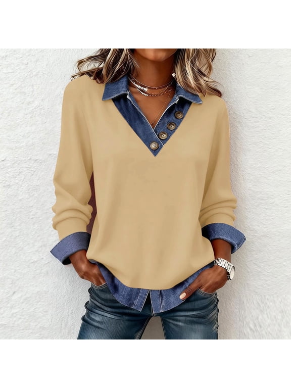 Womens Plus Size Blouses Denim Button T Shirt Collared Long Sleeve Pullover Beige Mom Shirt,S