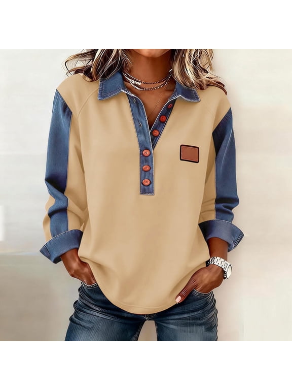 Womens Plus Size Blouses Denim Button Up Tshirts Collared Beige Long Sleeve Funny Tshirts Shirts for Women,L