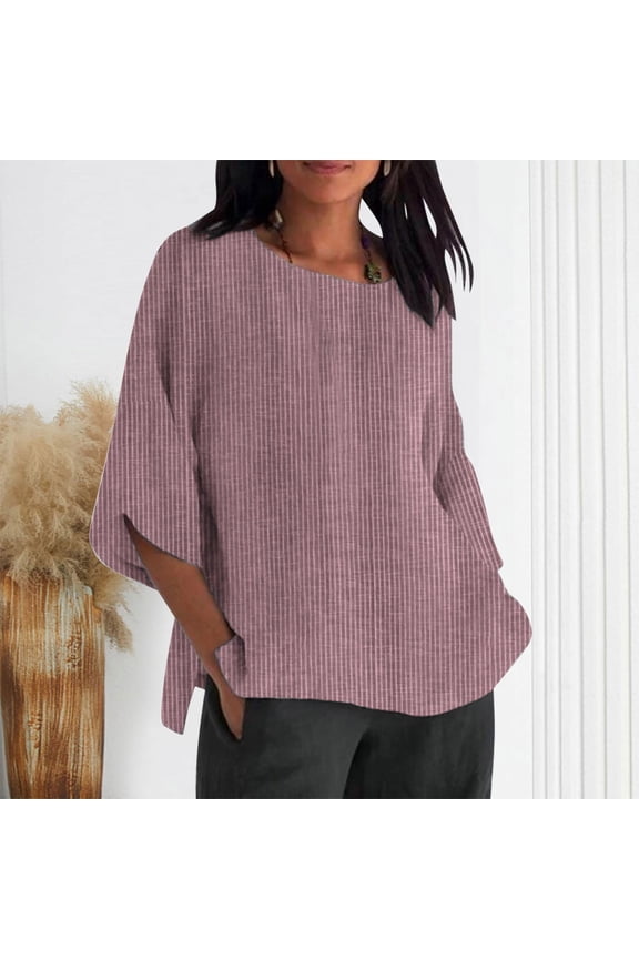 Womens Plus Size Tops Red Cotton Striped Blouses 3/4 Sleeve Crew Neck Womens Work Tops,L