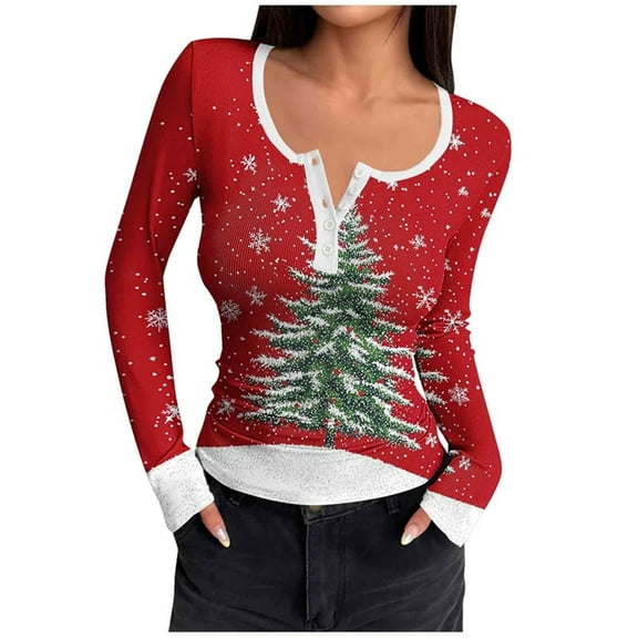 Aobny Womens Shirts Compression Christmas Clothe Red Henley Long Sleeve Pullover Women Shirts,M