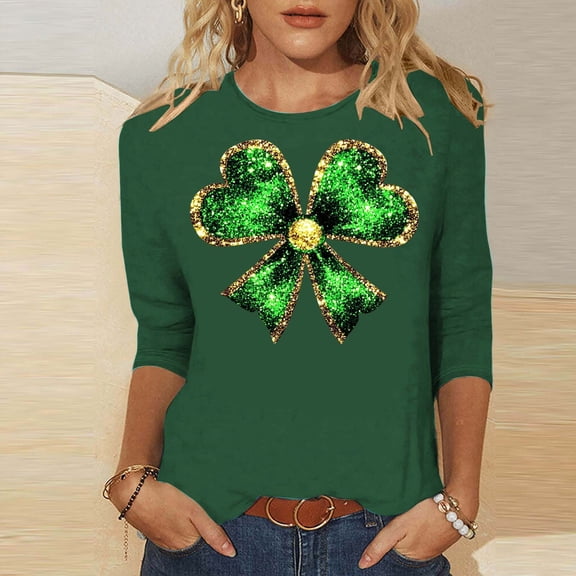Aobny Womens Shirts Trendy Plus Size Oversized St Patrick's Tops Green 3/4 Sleeve Crew Neck Shirts for Women,3XL