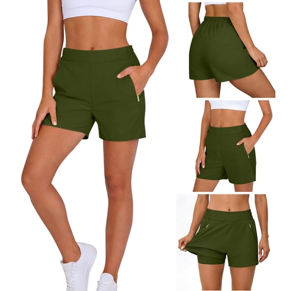 Aobny Womens Shorts Zip Pockets Board Plain Clothes Baggy Casual Mid Waist Bottoms,Green,L