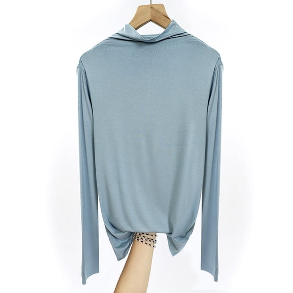 Aobny Womens Sleep Shirts Tops Only Modal Plus Size Lounge Tops High Neck Plain Long Sleeve Pajamas,Light Blue,L