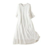 MUSCULARFIT Aobny Womens White Linen Spring Dresses Midi V-Neck Summer Dresses for Women 2025