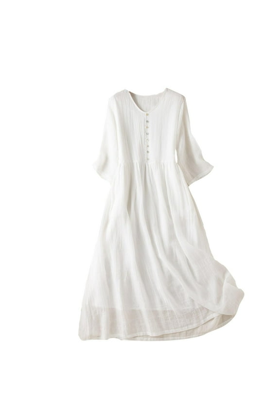 Womens White Linen Spring Dresses Midi V-Neck Summer Dresses for Women 2025