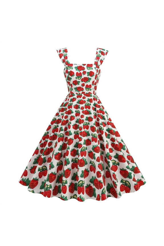 Womens Summer Dresses 1950s Red Modest A-Line Long Strawberry Square Neck Sleeveless Trendy Dresses for Women 2025