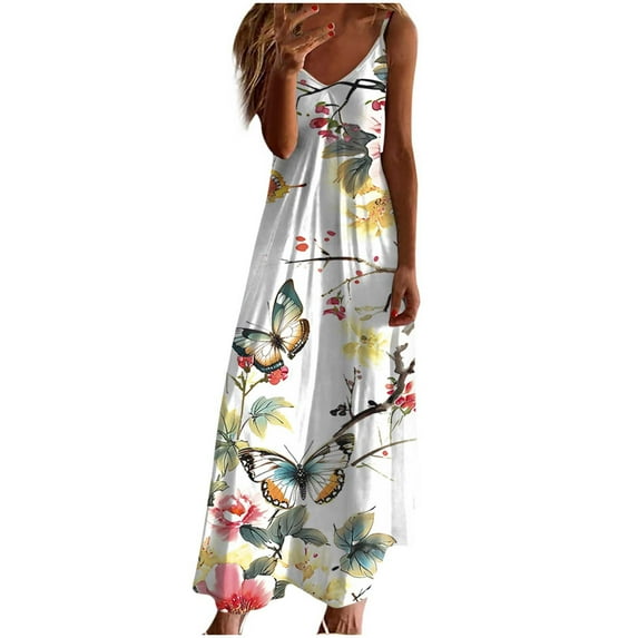 Aobny Womens Summer Dresses Casual Plus Sunday Floral Sundress Midi Butterfly Sleeveless V-Neck Sexy Dresses