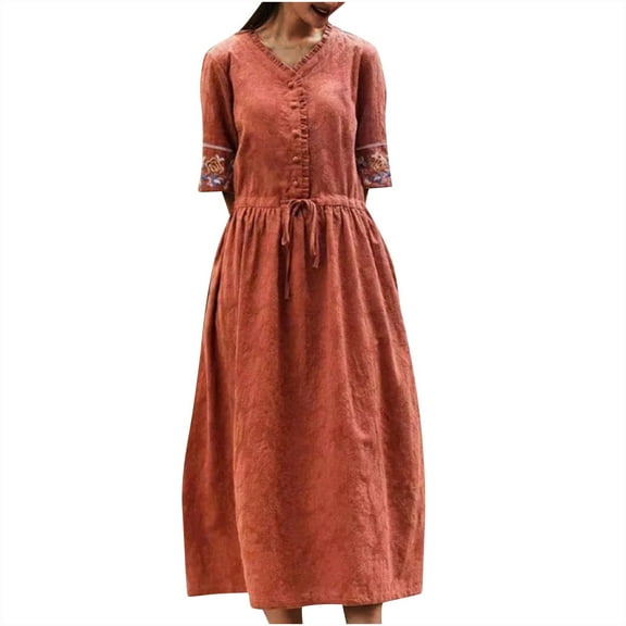 Aobny Womens Summer Dresses Modest Orange Flowy T-Shirt Embroidered Midi 3/4 Sleeve V-Neck Trendy Dresses