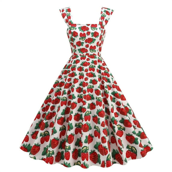 Aobny Womens Summer Dresses Modest Red 1950s A-Line Long Square Neck Strawberry Sleeveless Women's Wear to Work Dresses