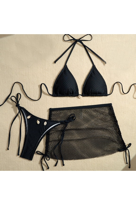 Womens Swimsuit Plain 3 Piece Bikinis Swimsuit Black Set Thong Triangle Bikini