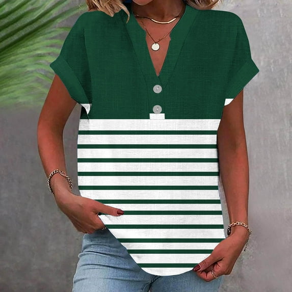 Aobny Womens Tops Summer Cap Sleeve Green Plus Size Tees V-Neck Short Sleeve Striped Women's T-Shirts,XL