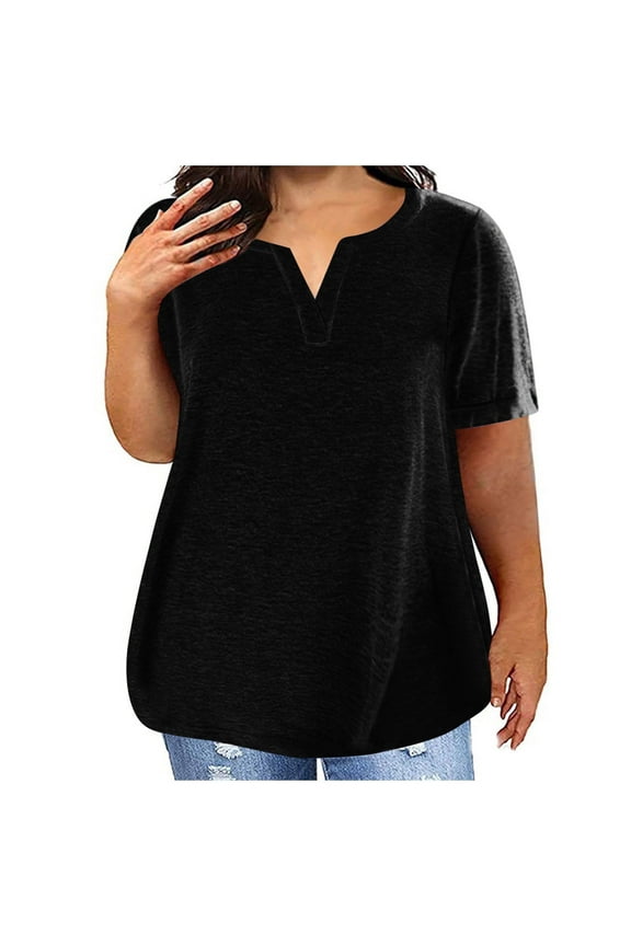 Womens Tshirts Plain for Curvy Cotton Shirt V-Neck Short Sleeve Black Gym Tops,L