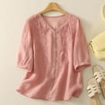 thumbnail image 1 of Aobny Womens&nbsp;Tshirt Pink Button Up Embroidered T-Shirt Elbow-Length V-Neck Women's Tshirts,L, 1 of 9