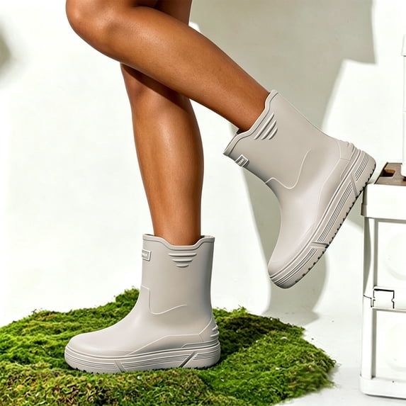 Aobny Work Booties Ankle High Waterproof Rubber Boots Garden Shoes Slip Resistant Pull On Rain Boots Women Water Boots Mid Calf Flat Heel Comfortable,Gray Size 40