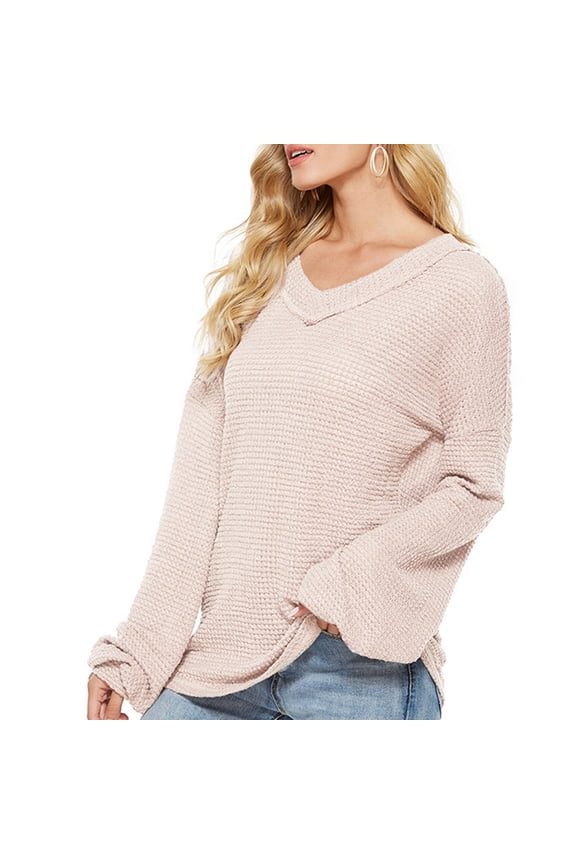 Work Womens Sweaters Lightweight Beige Waffle Long Sleeve V-Neck Solid Pullover Ladies Sweaters Trendy