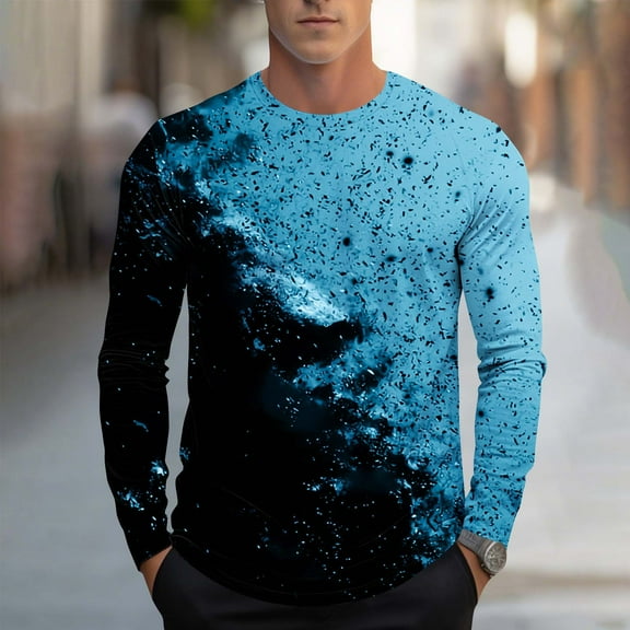 Aobny Workout Going Out Tops Long Sleeve Cotton Blue Tee Men Crew Neck Pullover Graphic Plus Size Tops,S