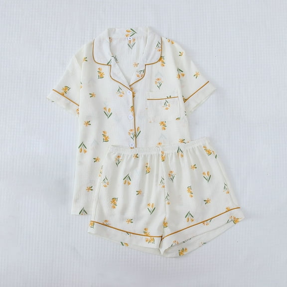 Aobny Yellow Casual Women's Pajamas Fitted Cooling Sleepwear Sets Collared Short Sleeve Floral Short Teens Pants