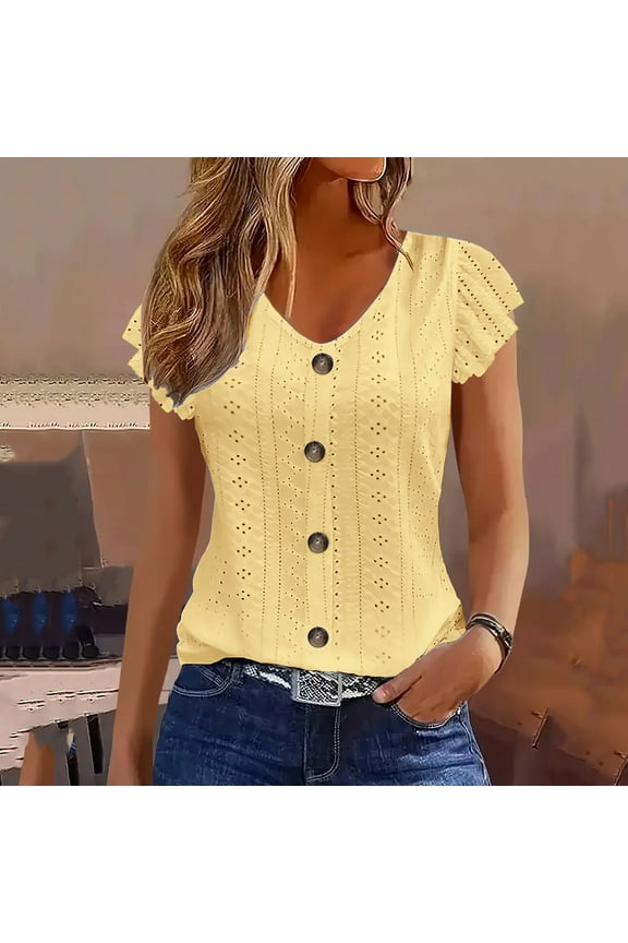 Yellow Cute Spring Tops for Women Eyelet T-Shirt Flutter Sleeve Short Sleeve V-Neck Tops for Women