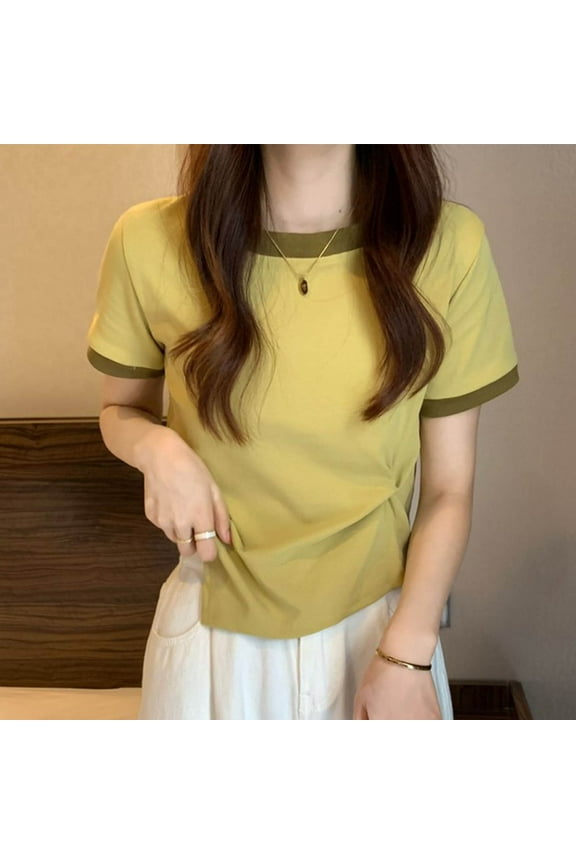 Yellow T-Shirts Twist Front Women T-Shirt Crew Neck Short Sleeve Ringer Summer Tshirts Shirts for Women,M