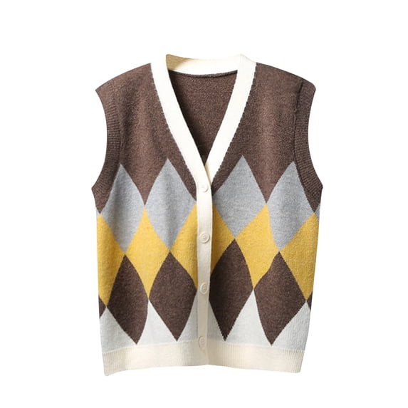 Aobny Yellow Trendy Sweaters for Women Sweater Vest Sleeveless Argyle V-Neck Button Up Cardigan Ladies Tops Work
