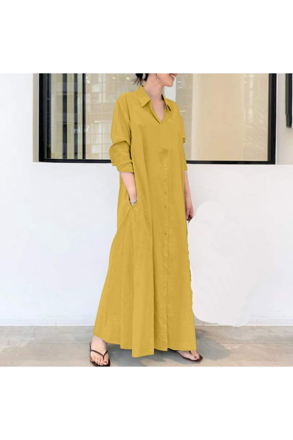 Yellow Vacation Dresses for Women 2025 Office Flowy Shirt Dress Long Sleeve Maxi Collared Womans Dresses