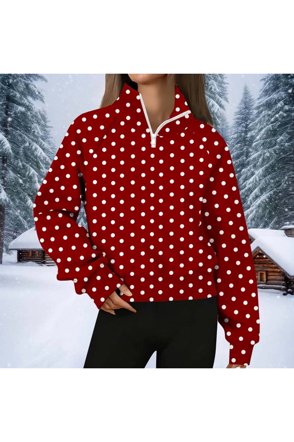 Zip-Up Funny T Shirts for Women Thermal Polka Dot Sweatshirt Turtleneck Red Long Sleeve Christmas Shirts for Family,S