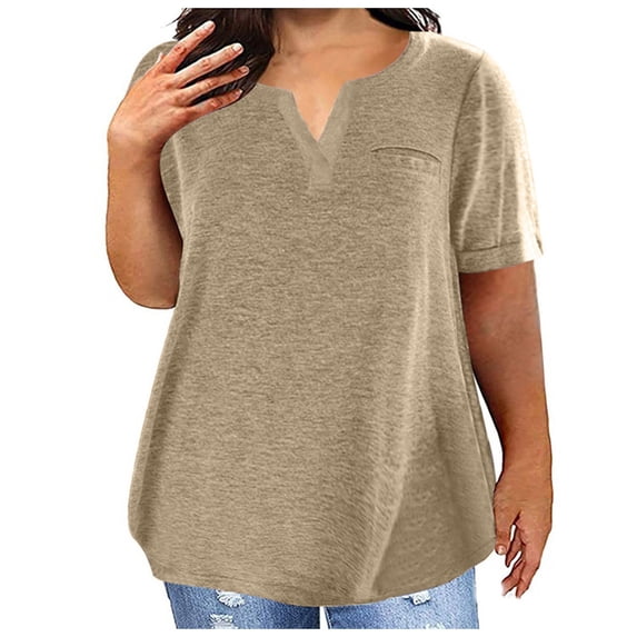Aobny for Curvy T-Shirts Plain Cotton Womens Shirt V-Neck Short Sleeve Plus Size Khaki Graphic Tshirts for Women,XXXXL