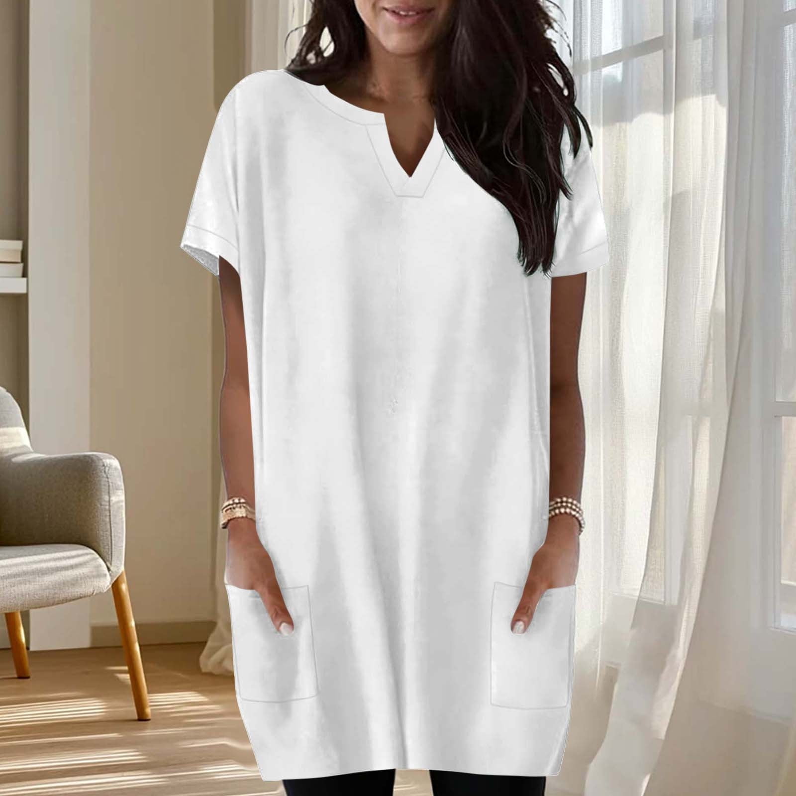 Aobny with Pocket Ladies T Shirts Plain Tunic Womens Shirt V-Neck White ...