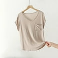 thumbnail image 1 of Aobny with Pocket Vacation Tops for Women Modal Beige T-Shirt V-Neck Short Sleeve Women Tops Trendy, 1 of 5