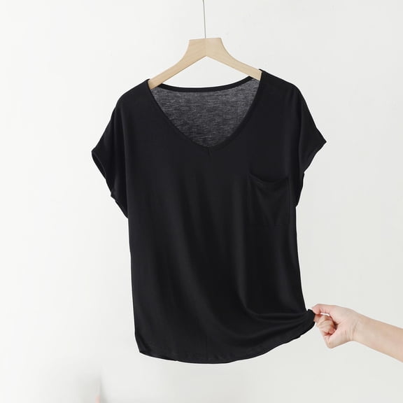 Aobny with Pocket Vacation Tops for Women Modal Black T-Shirt Short Sleeve V-Neck Hiking Tops Women